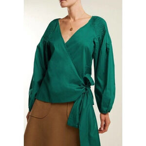 Merlette Sant Josep Green Wrap Blouse 100% Cotton Smocked Detail Women's Size S